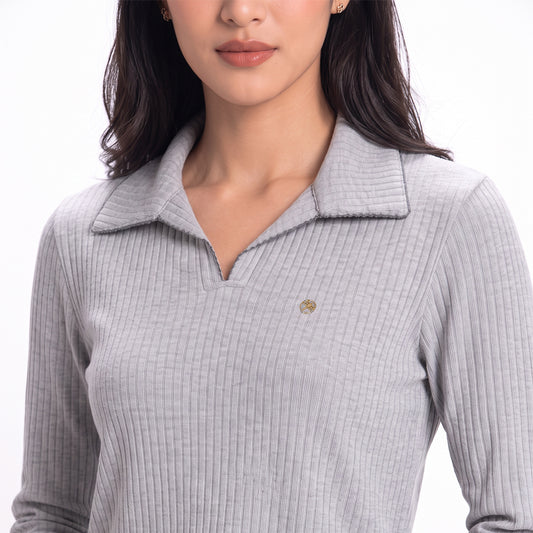 Triset Casual Ribbed Polo Rajut Kaos Wanita Lengan Panjang V-Neck | Reguler Fit | TK3009709