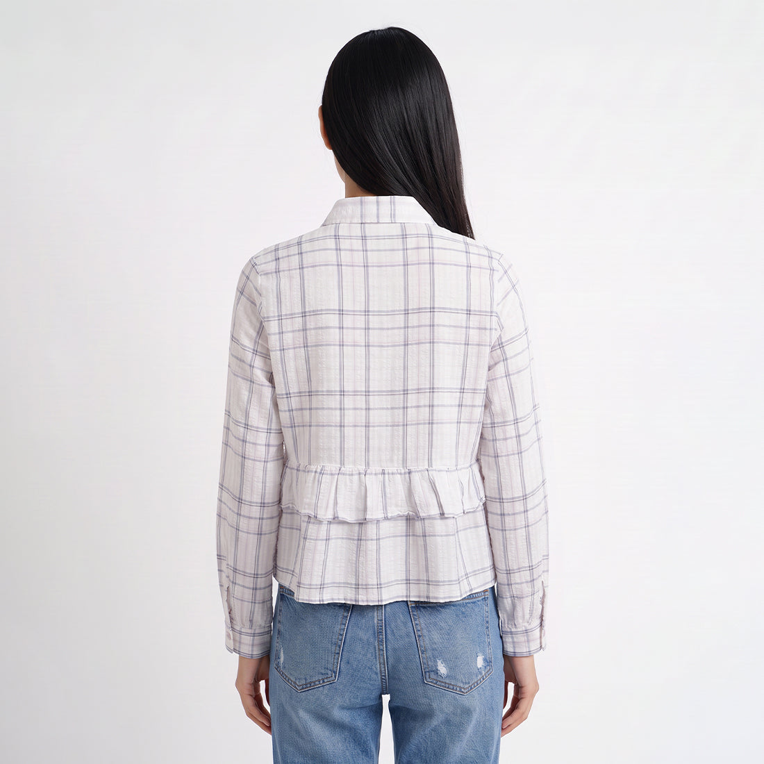 Triset Casual Blouse Wanita Kotak Kotak Lengan Panjang Ruffle | Semi Crop | TR3104631