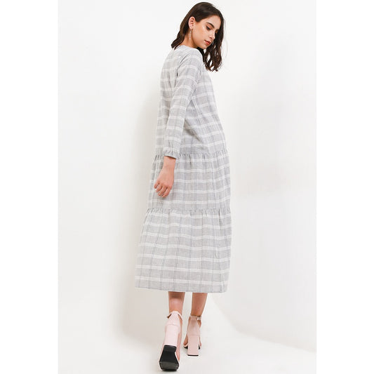 Triset Ladies Midi Dress Wanita Tartan Grid Lengan Panjang | Reguler Fit | LD8001301