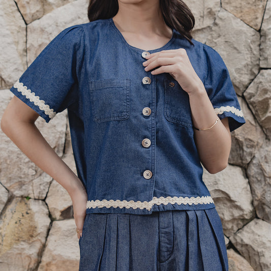 Triset Casual Blouse Denim Wanita Crop Lengan Pendek | Reguler Fit | TR5052770