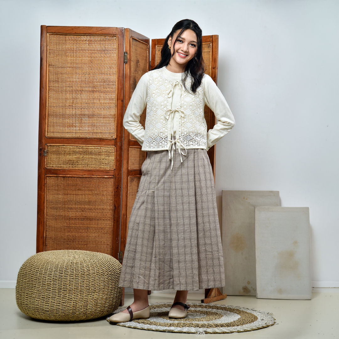 Triset Casual Rok Midi Wanita Kotak Rempel | Reguler Fit | TN3014091