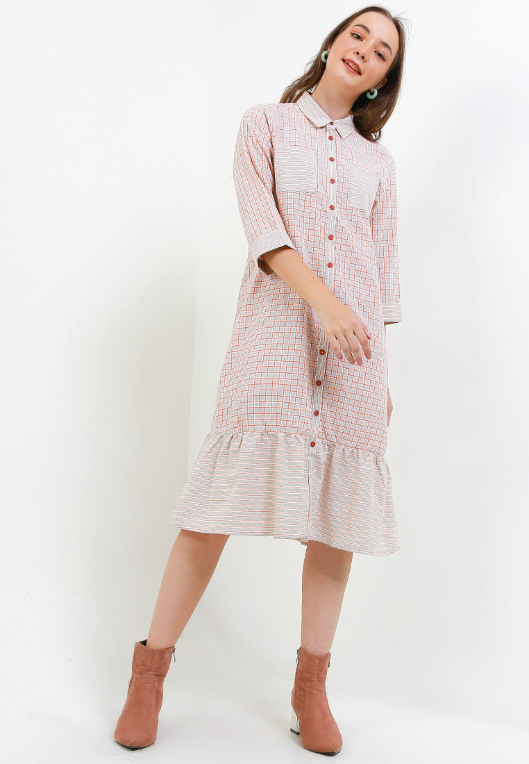 Triset Ladies Midi Dress Wanita Plaid Ruffle | Reguler Fit | LD3025201