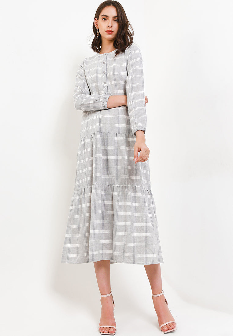 Triset Ladies Midi Dress Wanita Tartan Grid Lengan Panjang | Reguler Fit | LD8001301