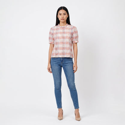 Triset Casual Blouse Wanita Kotak Kotak Semi Cropped Lengan Pendek | Reguler Fit | TR5053431