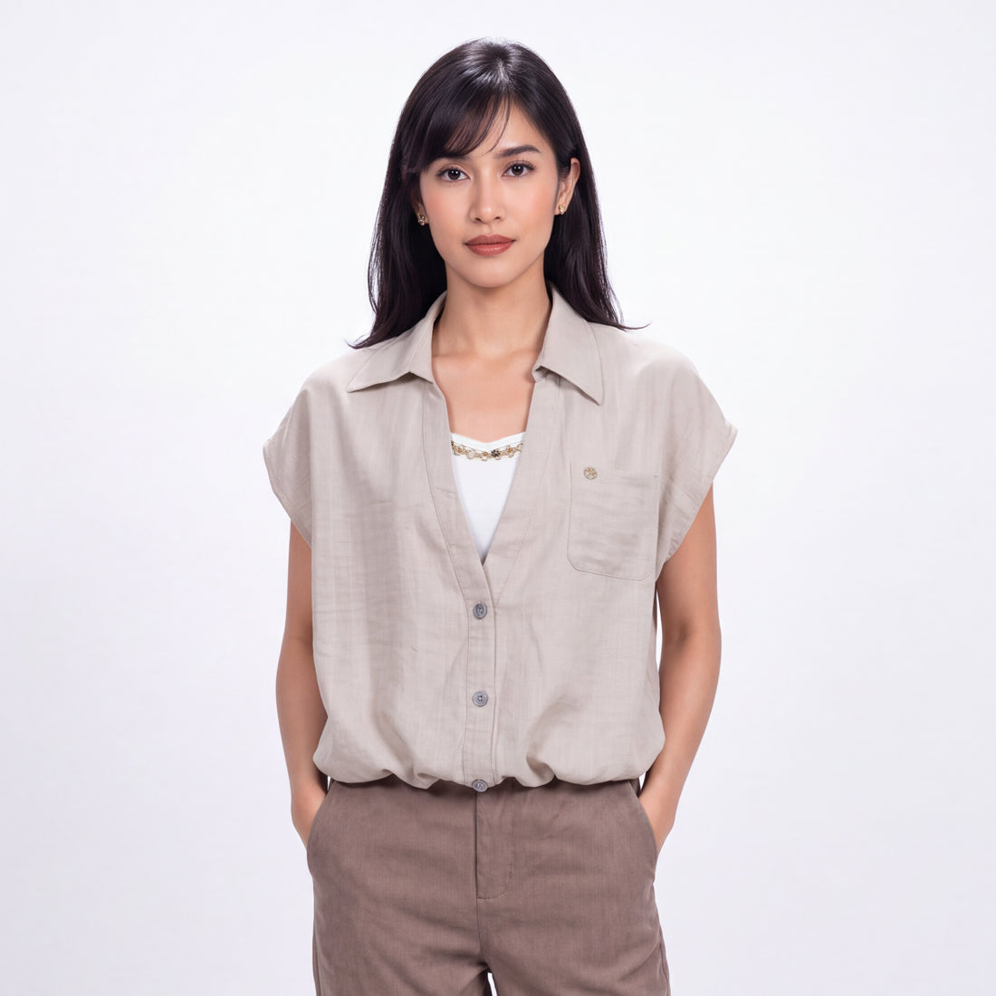 Triset Ladies Blouse Wanita V Neck Tanpa Lengan | Reguler Fit | LR600039A