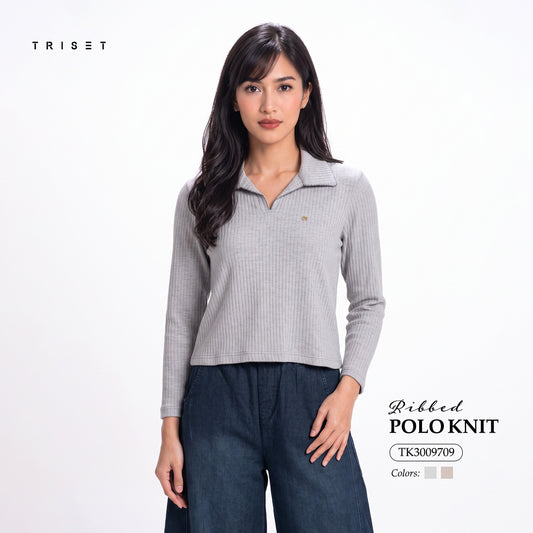 Triset Casual Ribbed Polo Rajut Kaos Wanita Lengan Panjang V-Neck | Reguler Fit | TK3009709