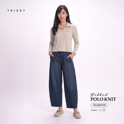 Triset Casual Ribbed Polo Rajut Kaos Wanita Lengan Panjang V-Neck | Reguler Fit | TK3009709