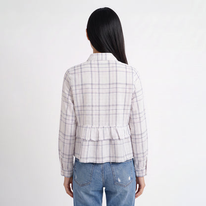 Triset Casual Blouse Wanita Kotak Kotak Lengan Panjang Ruffle | Semi Crop | TR3104631