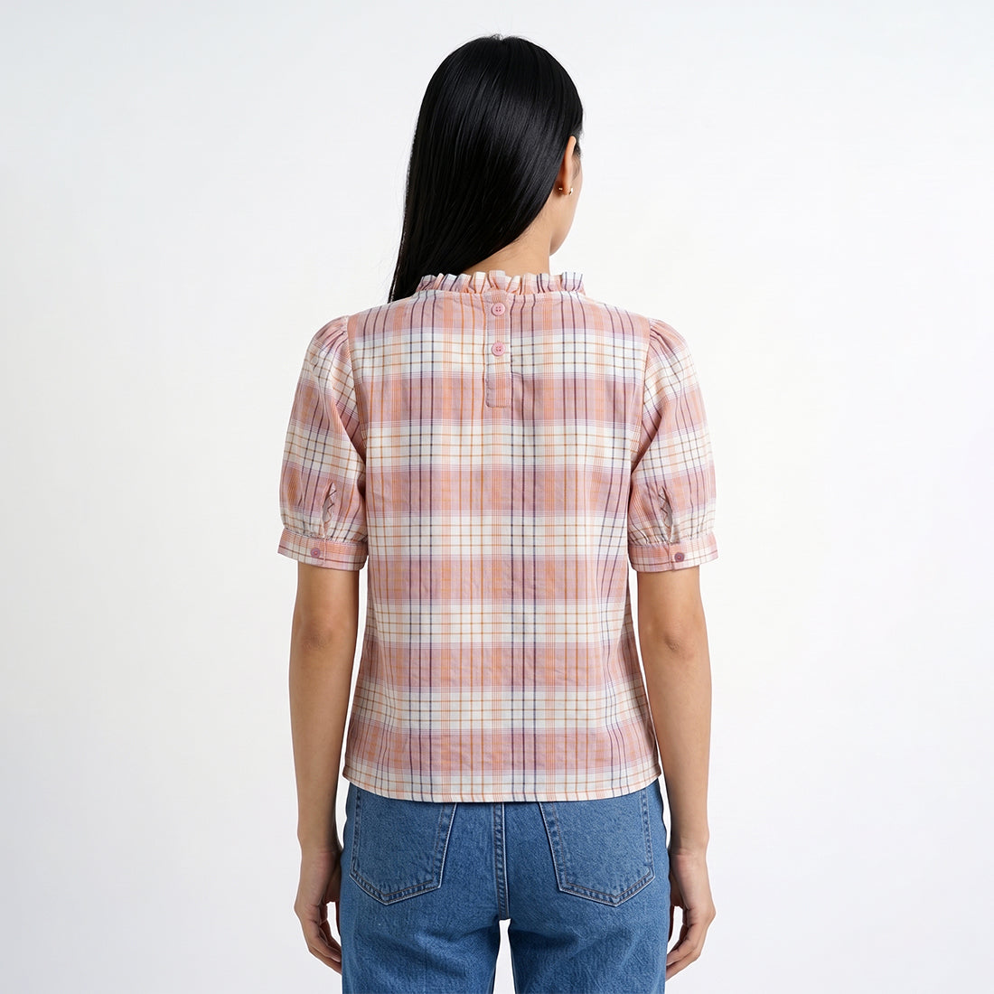 Triset Casual Blouse Wanita Kotak Kotak Semi Cropped Lengan Pendek | Reguler Fit | TR5053431