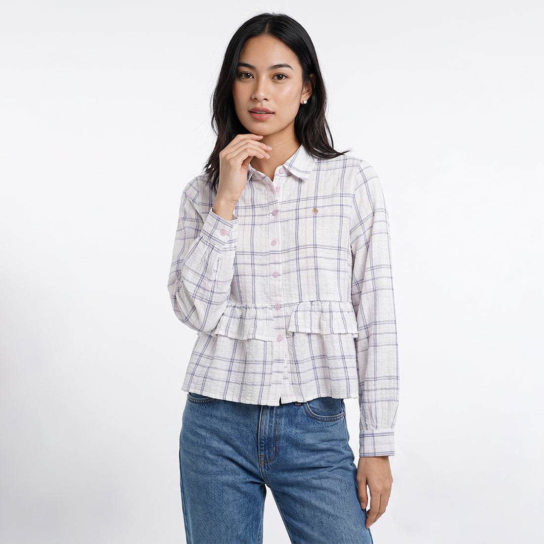 Triset Casual Blouse Wanita Kotak Kotak Lengan Panjang Ruffle | Semi Crop | TR3104631