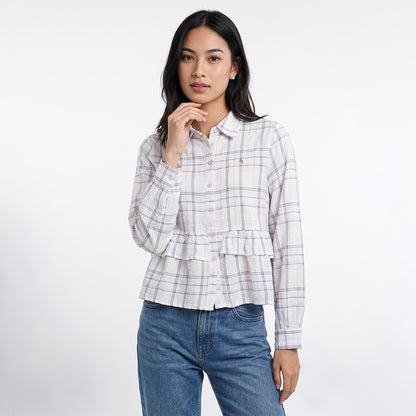 Triset Casual Blouse Wanita Kotak Kotak Lengan Panjang Ruffle | Semi Crop | TR3104631
