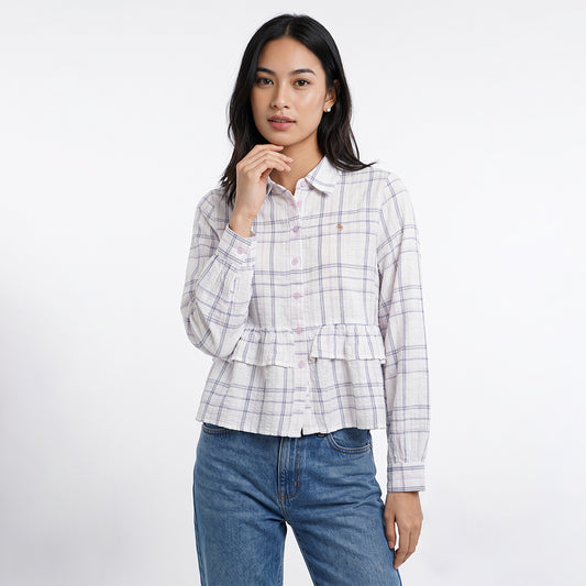 Triset Casual Blouse Wanita Kotak Kotak Lengan Panjang Ruffle | Semi Crop | TR3104631