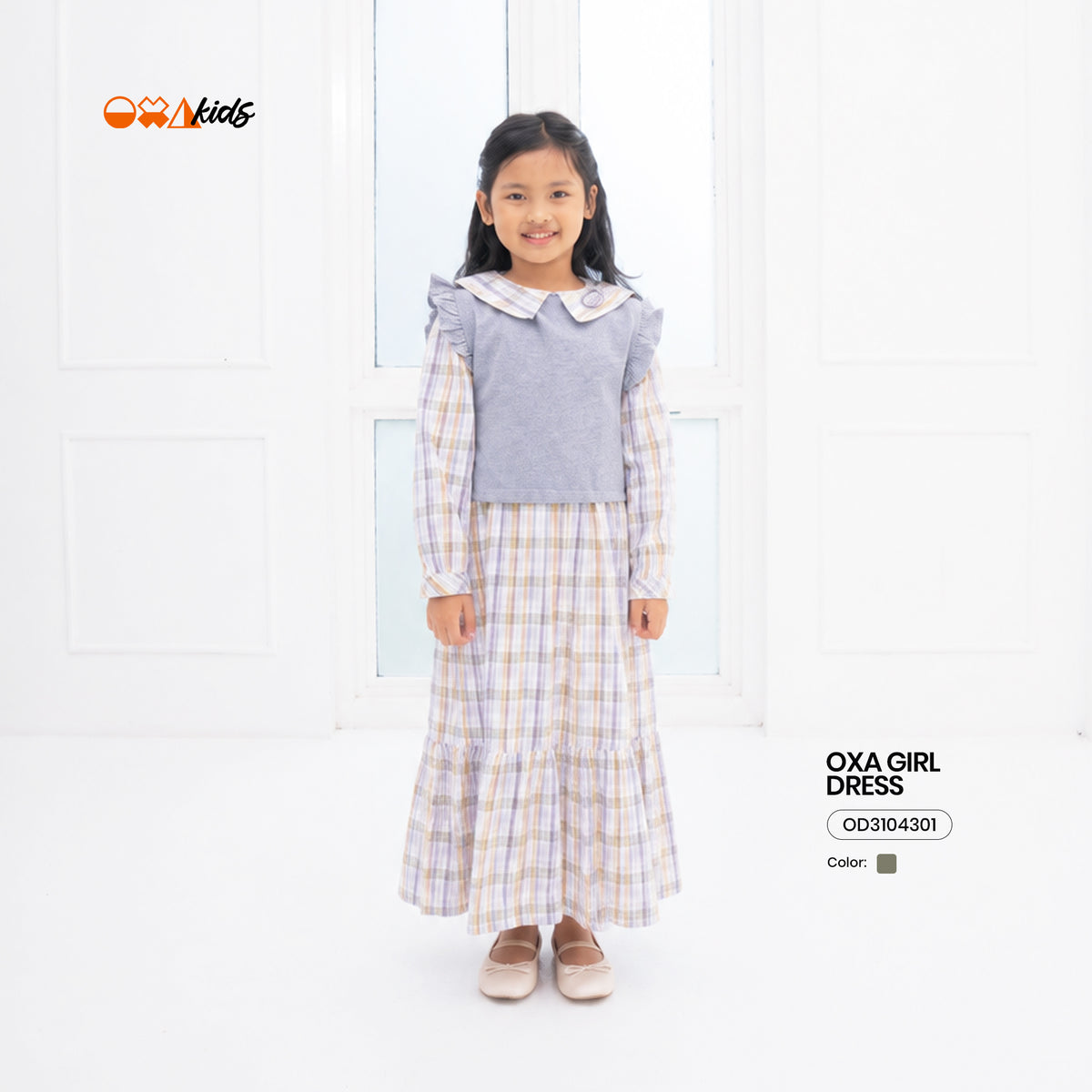 OXA Kids Alexa Maxi Dress Pakaian Anak Kotak Kotak Lengan Panjang | Reguler Fit | OD3104301