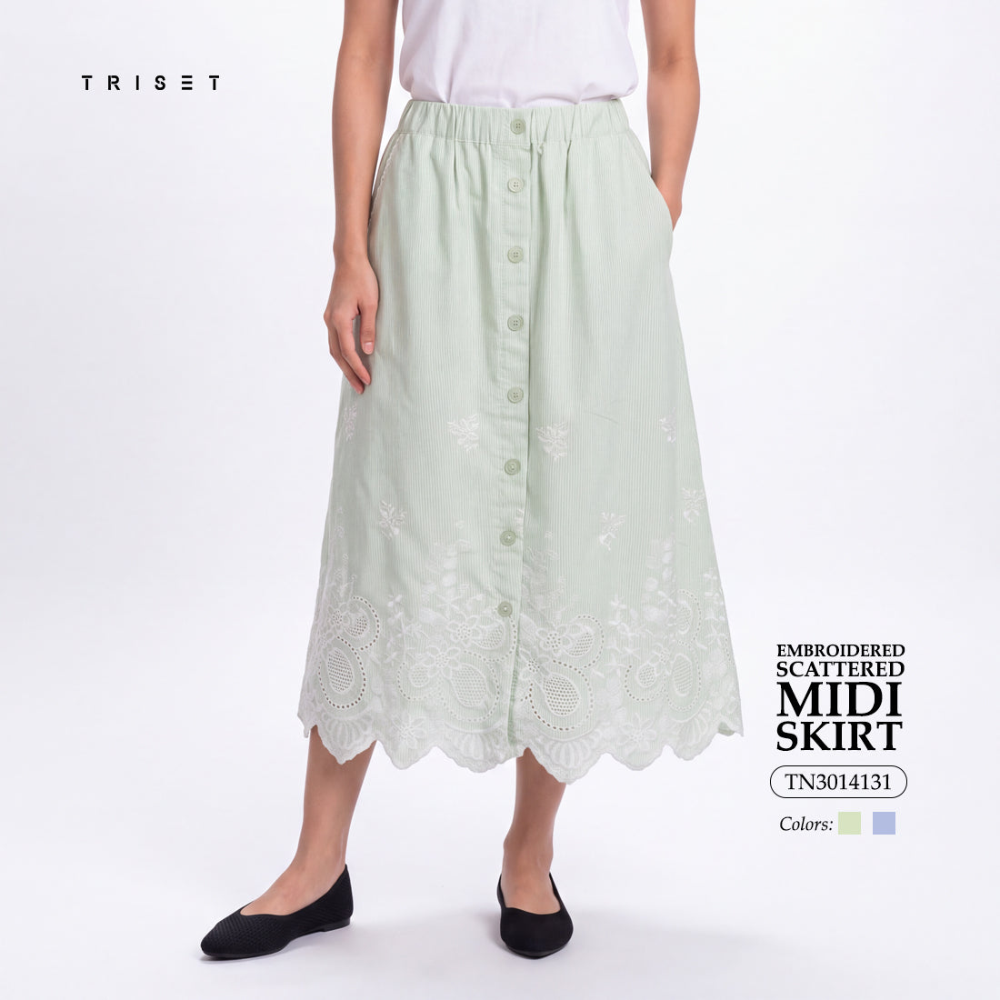 Triset Rok Midi Wanita Scallop Embroidery Striped A Line | Reguler Fit | TN3014131