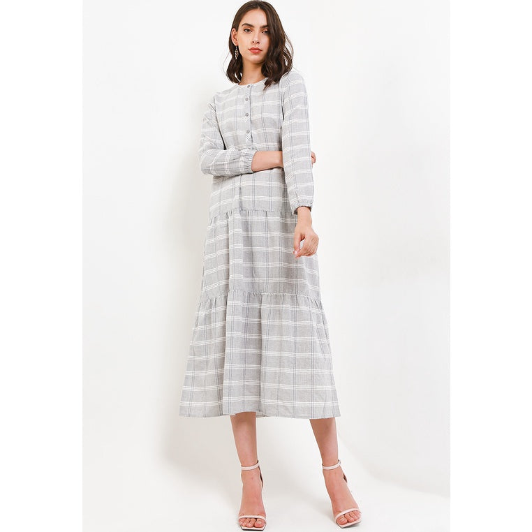 Triset Ladies Midi Dress Wanita Tartan Grid Lengan Panjang | Reguler Fit | LD8001301