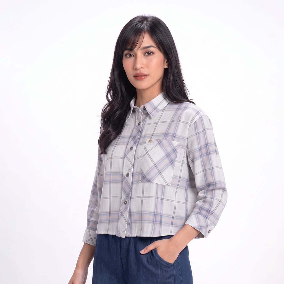 Triset Casual Blouse Wanita Kotak Kotak Lengan Panjang | Boxy Fit | TR3105770