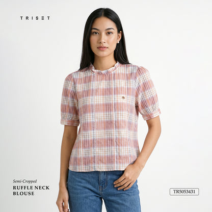 Triset Casual Blouse Wanita Kotak Kotak Semi Cropped Lengan Pendek | Reguler Fit | TR5053431