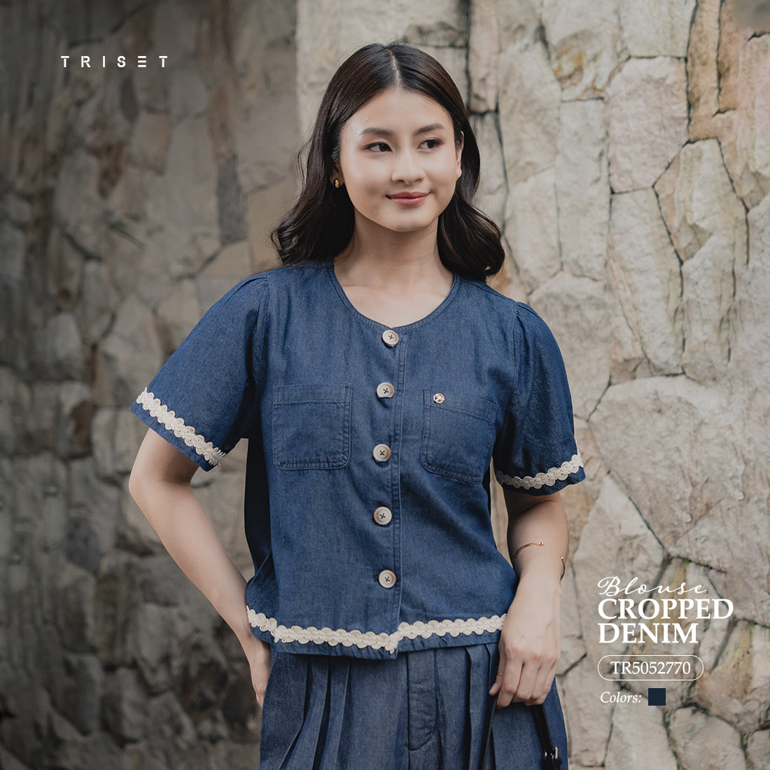Triset Casual Blouse Denim Wanita Crop Lengan Pendek | Reguler Fit | TR5052770