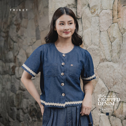 Triset Casual Blouse Denim Wanita Crop Lengan Pendek | Reguler Fit | TR5052770