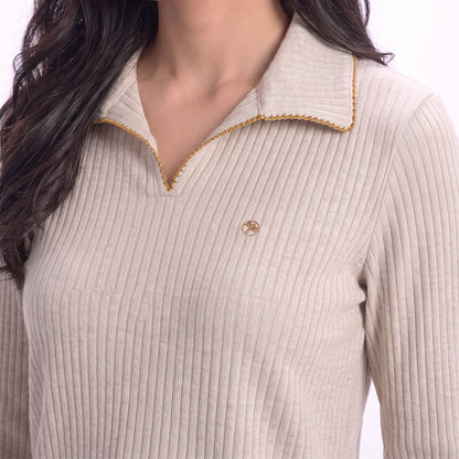 Triset Casual Ribbed Polo Rajut Kaos Wanita Lengan Panjang V-Neck | Reguler Fit | TK3009709