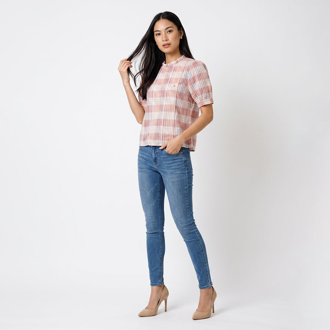 Triset Casual Blouse Wanita Kotak Kotak Semi Cropped Lengan Pendek | Reguler Fit | TR5053431