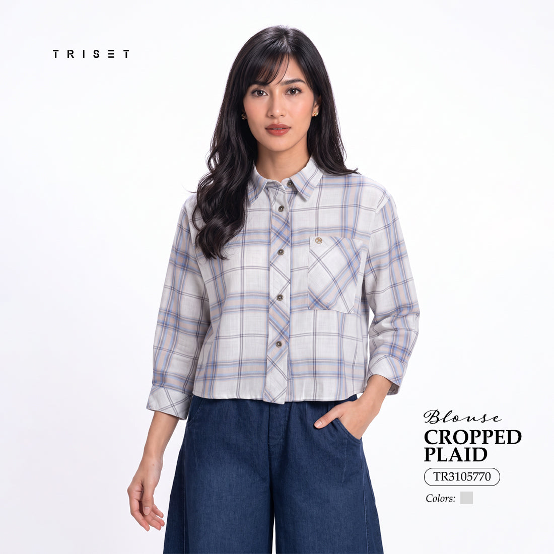 Triset Casual Blouse Wanita Kotak Kotak Lengan Panjang | Boxy Fit | TR3105770