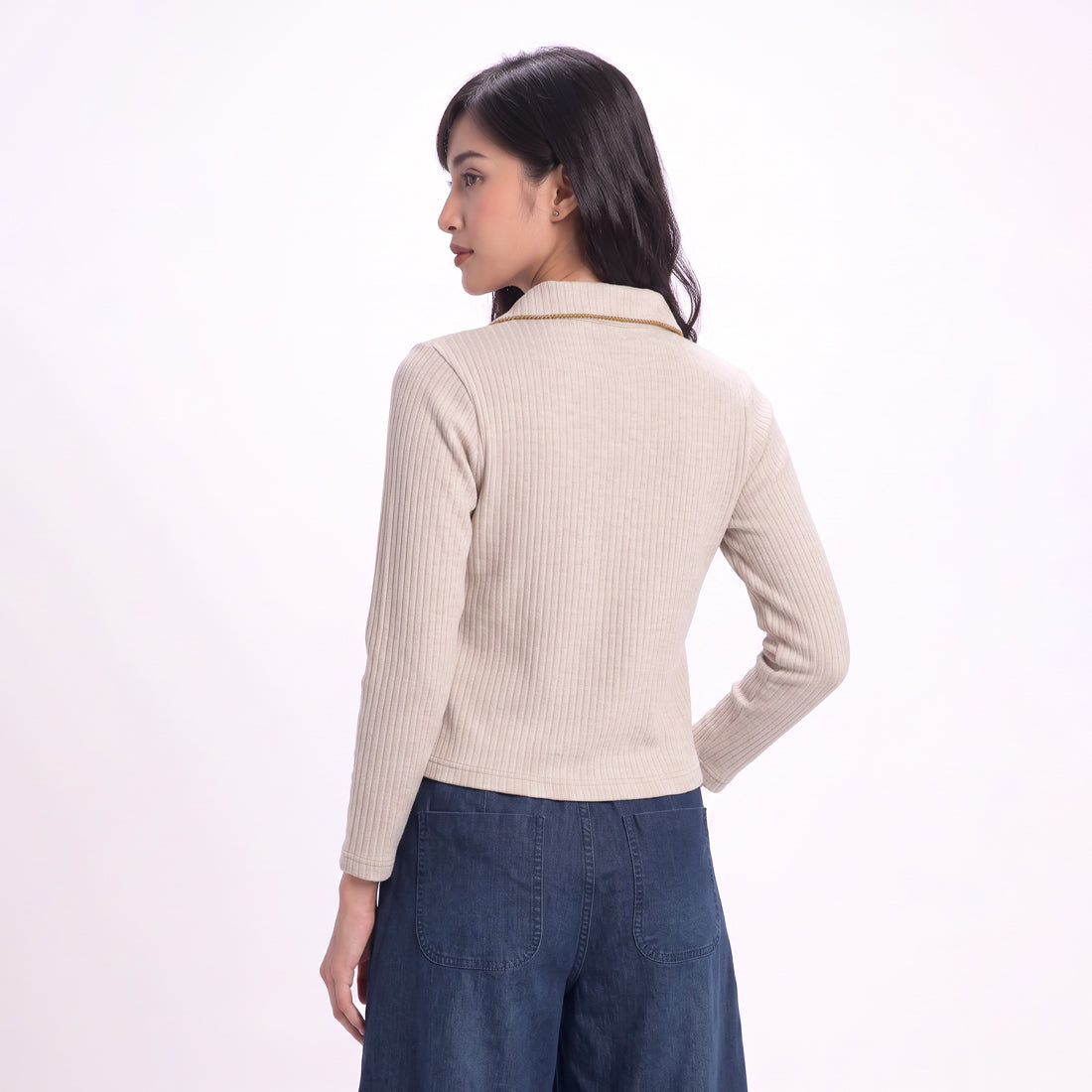 Triset Casual Ribbed Polo Rajut Kaos Wanita Lengan Panjang V-Neck | Reguler Fit | TK3009709