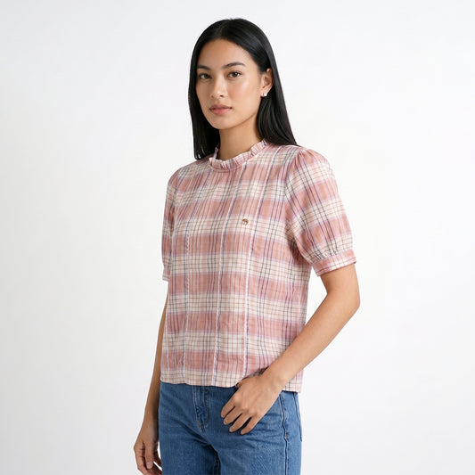 Triset Casual Blouse Wanita Kotak Kotak Semi Cropped Lengan Pendek | Reguler Fit | TR5053431