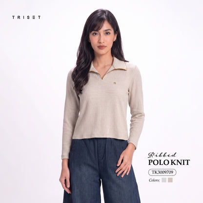 Triset Casual Ribbed Polo Rajut Kaos Wanita Lengan Panjang V-Neck | Reguler Fit | TK3009709