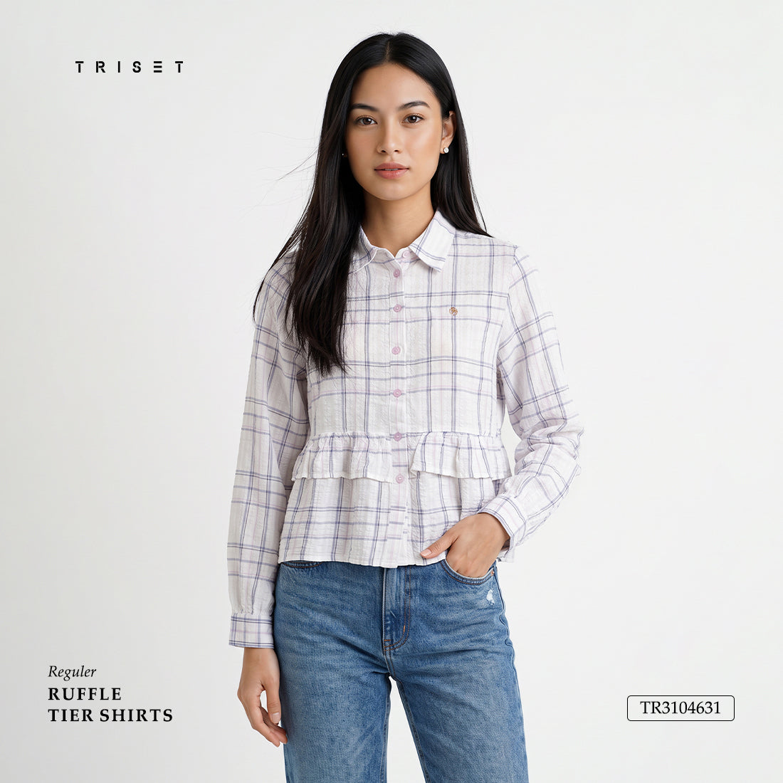 Triset Casual Blouse Wanita Kotak Kotak Lengan Panjang Ruffle | Semi Crop | TR3104631