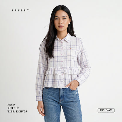 Triset Casual Blouse Wanita Kotak Kotak Lengan Panjang Ruffle | Semi Crop | TR3104631