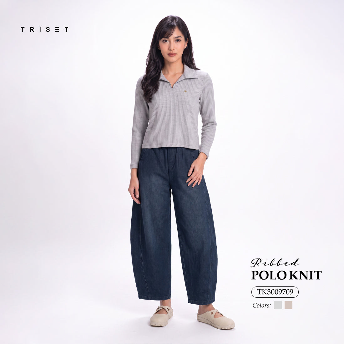 Triset Casual Ribbed Polo Rajut Kaos Wanita Lengan Panjang V-Neck | Reguler Fit | TK3009709
