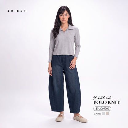 Triset Casual Ribbed Polo Rajut Kaos Wanita Lengan Panjang V-Neck | Reguler Fit | TK3009709