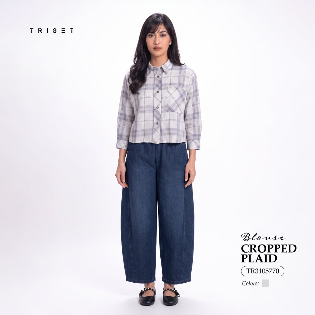 Triset Casual Blouse Wanita Kotak Kotak Lengan Panjang | Boxy Fit | TR3105770