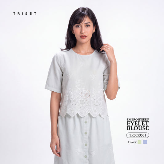 Triset Casual Blouse Wanita Scallop Embroidery Lengan Pendek | Boxy Fit | TR5053531