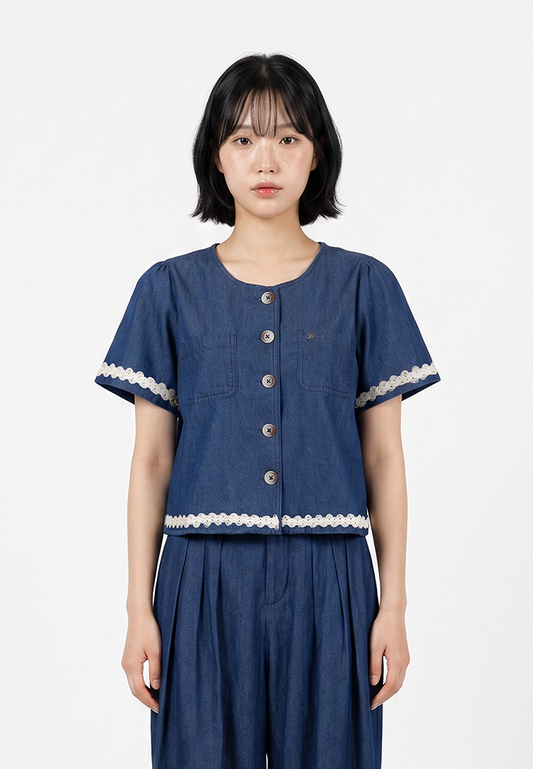 Triset Casual Blouse Denim Wanita Crop Lengan Pendek | Reguler Fit | TR5052770