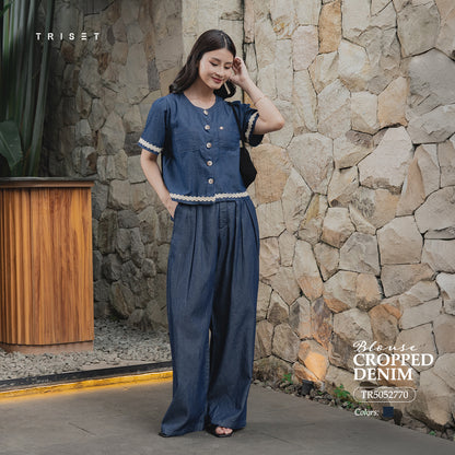 Triset Casual Blouse Denim Wanita Crop Lengan Pendek | Reguler Fit | TR5052770