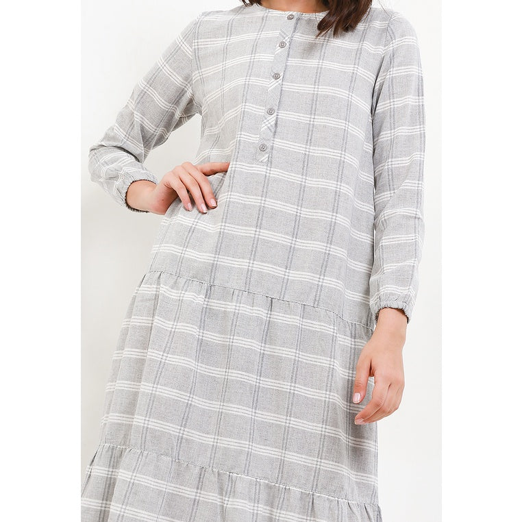 Triset Ladies Midi Dress Wanita Tartan Grid Lengan Panjang | Reguler Fit | LD8001301