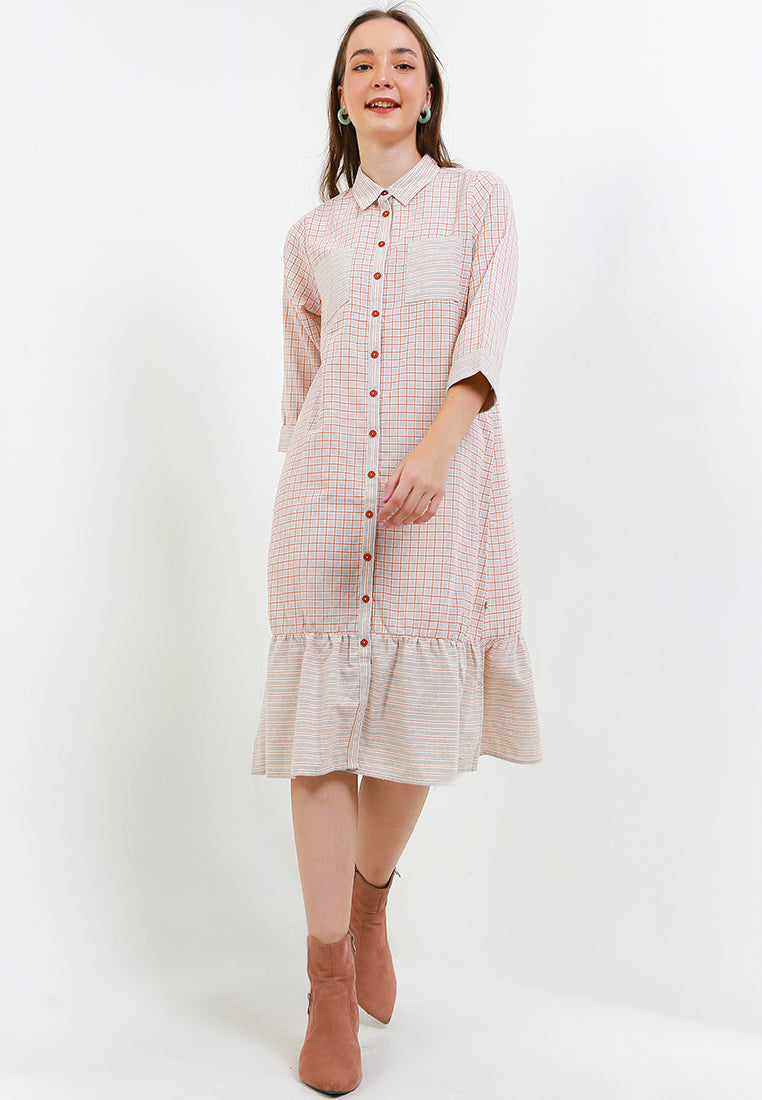 Triset Ladies Midi Dress Wanita Plaid Ruffle | Reguler Fit | LD3025201